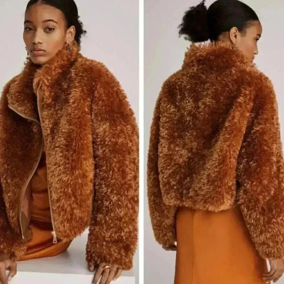 NWT Anthropologie Teddy Faux Fur Carmel Brown Cozy Full Zip Jacket Size XS - Picture 1 of 8